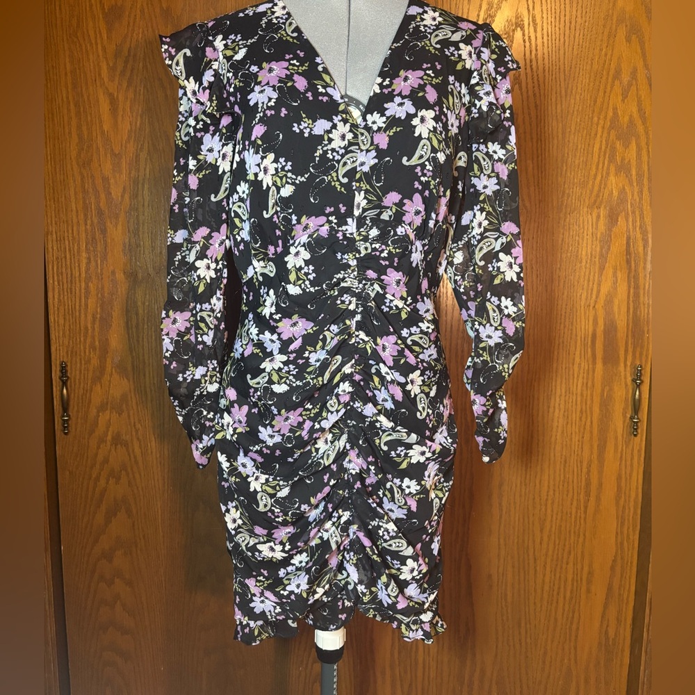 Astr Black and Purple Floral Long Sleeve Dress - Large